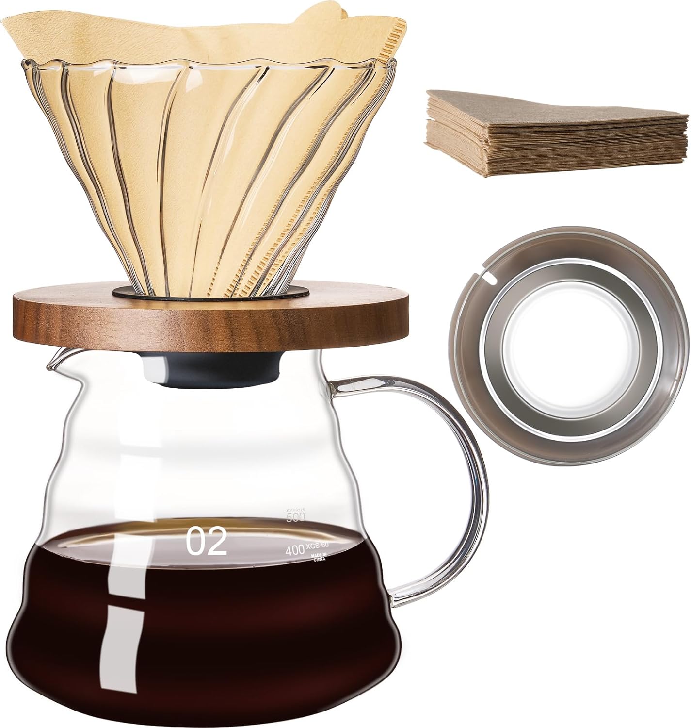 Pour Over Coffee Maker Set — Glass & Walnut (600ml)