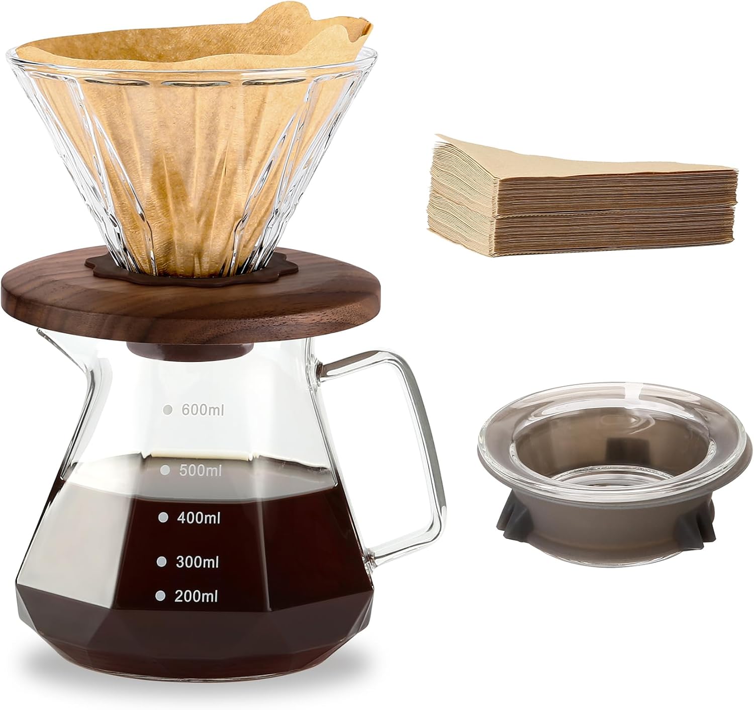 Pour Over Coffee Maker Set — Glass & Walnut Handle 2 (600ml)