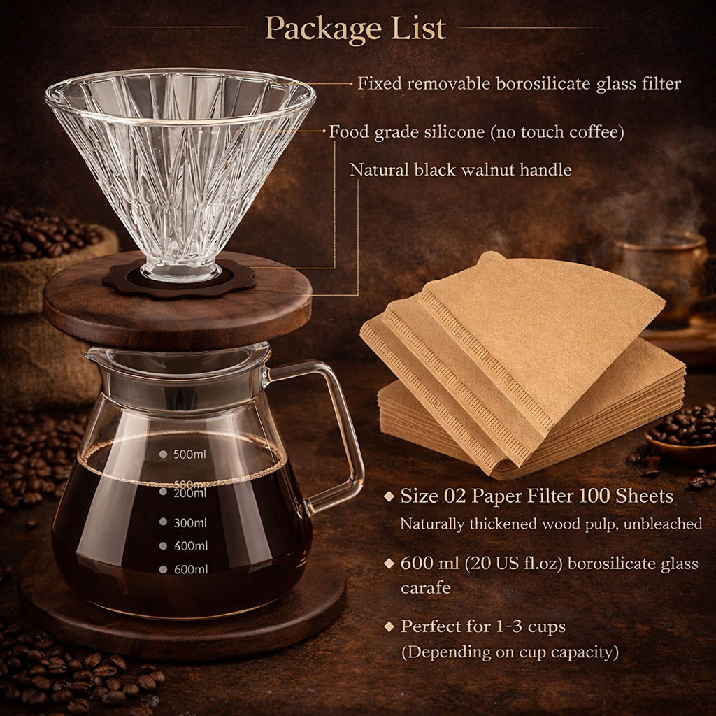 Pour Over Coffee Maker Set — Glass & Walnut Handle 2 (600ml)