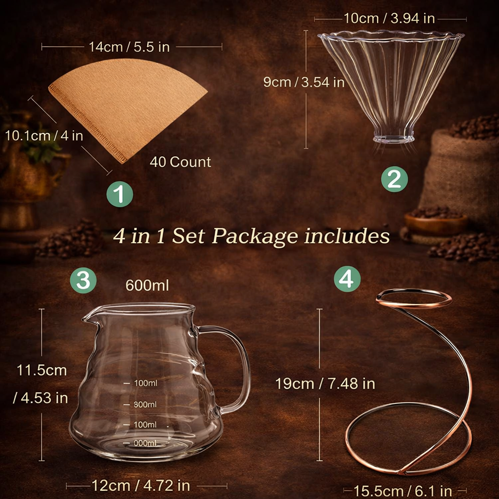 Pour Over Coffee Maker Set — Glass & Metal Stand (600ml)