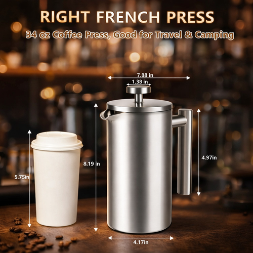 French Press Coffee Maker — Double Wall Stainless Steel (1L)