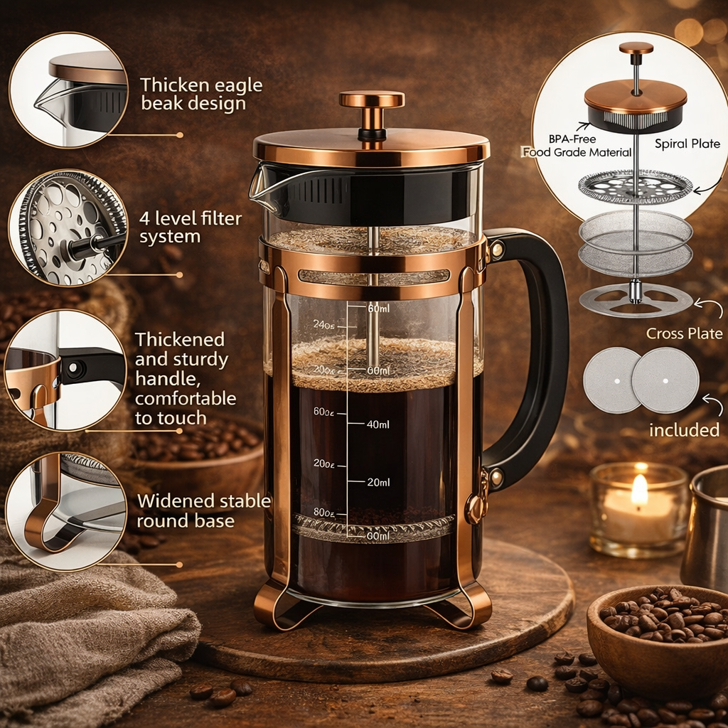 French Press Coffee Maker — Glass & Stainless Steel (34oz)