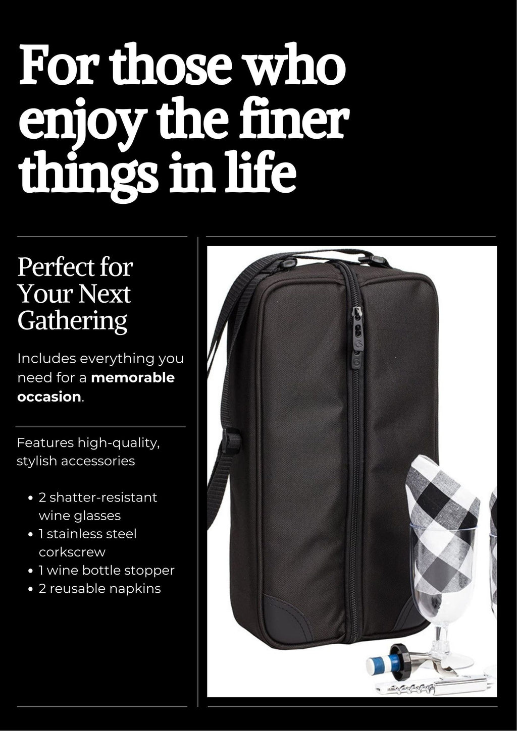 Insulated Wine Picnic Tote Bag for Two – Cooler Compartment with Glasses, Corkscrew & Tableware Set