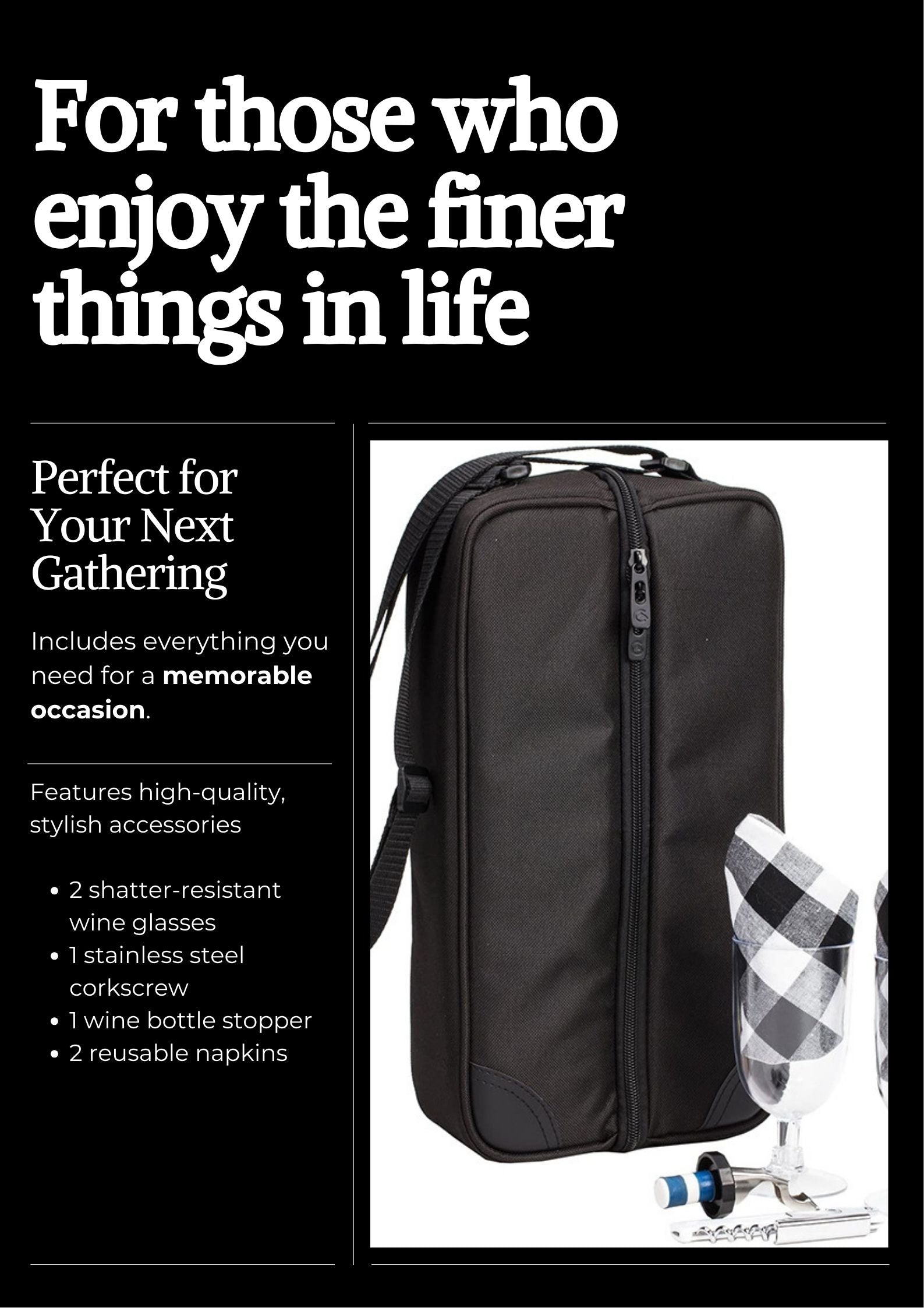 Insulated Wine Picnic Tote Bag for Two – Cooler Compartment with Glasses, Corkscrew & Tableware Set