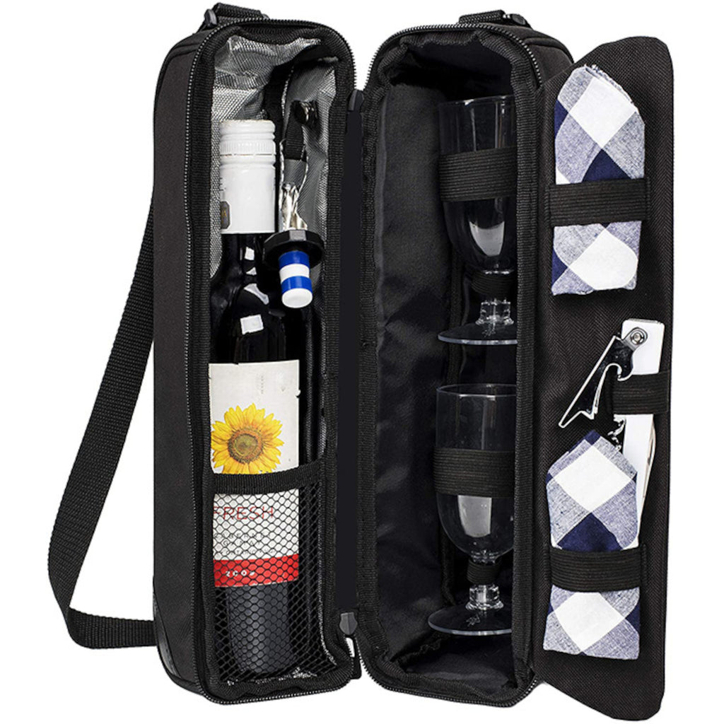 Insulated Wine Picnic Tote Bag for Two – Cooler Compartment with Glasses, Corkscrew & Tableware Set