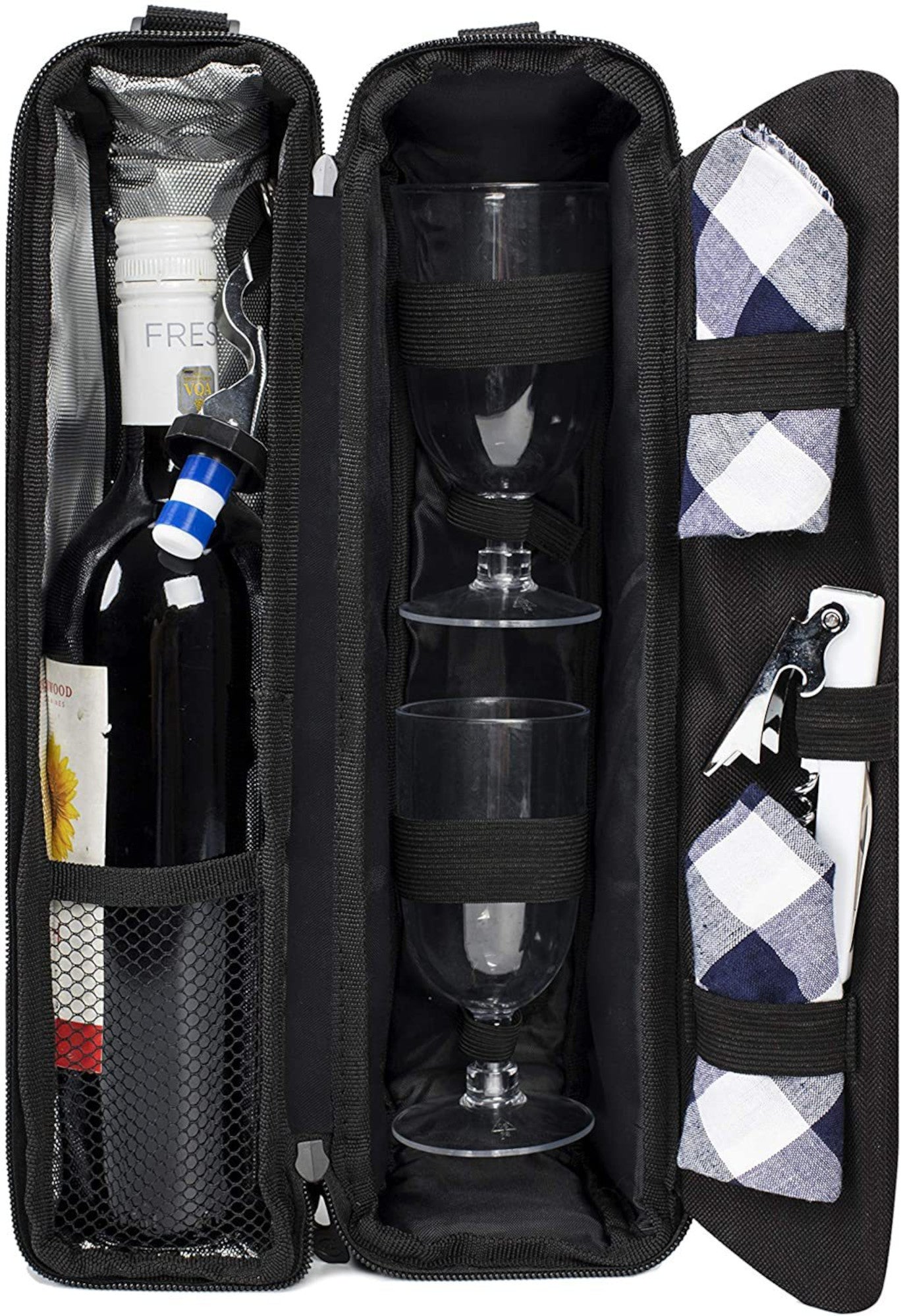 Insulated Wine Picnic Tote Bag for Two – Cooler Compartment with Glasses, Corkscrew & Tableware Set