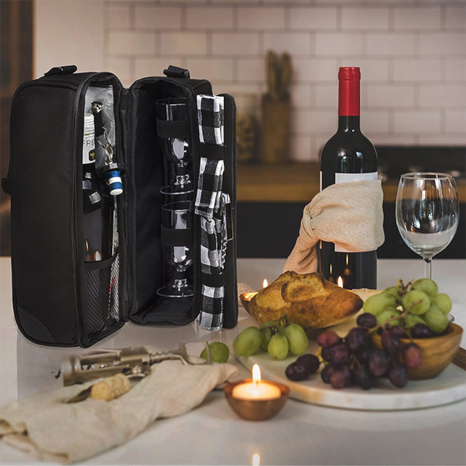 Insulated Wine Picnic Tote Bag for Two – Cooler Compartment with Glasses, Corkscrew & Tableware Set