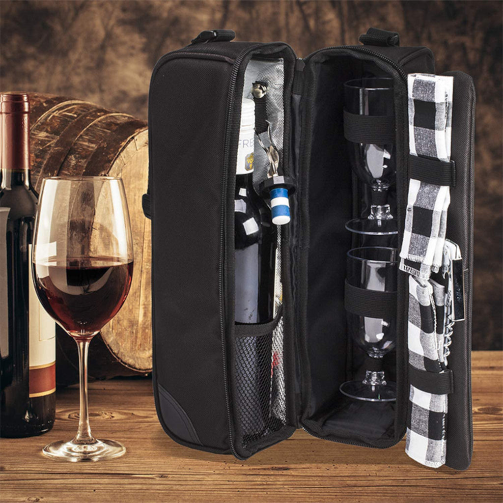 Insulated Wine Picnic Tote Bag for Two – Cooler Compartment with Glasses, Corkscrew & Tableware Set